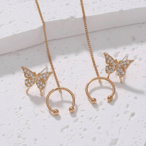 2pcs Cubic Zirconia Butterfly Decor Chain Linked Earring Yellow Gold Jewelry - Picture 6 of 6